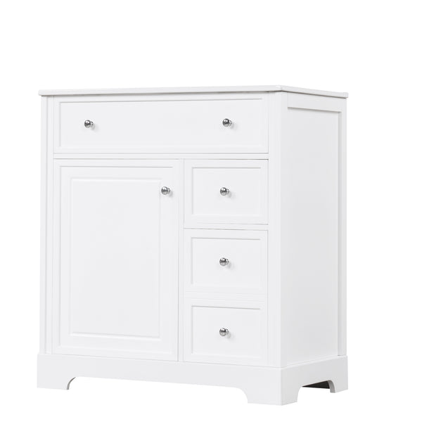 English Elm 30" Modern White Bathroom Vanity with Ceramic Sink, Solid Poplar & MDF, 1 Door 2 Drawers, 33.5" L N725P198484K