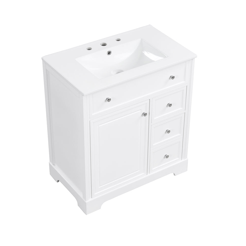 English Elm 30" Modern White Bathroom Vanity with Ceramic Sink, Solid Poplar & MDF, 1 Door 2 Drawers, 33.5" L N725P198484K