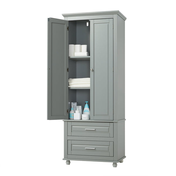 English Elm Tall Slim Storage Cabinet with Adjustable Shelves, 2 Drawers & Doors, Anti-Tip Design for Bathroom Grey WF299284AAE