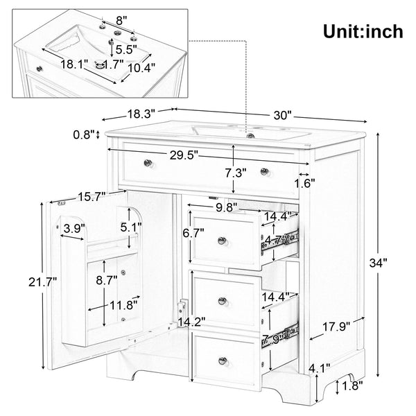 English Elm 30" Modern White Bathroom Vanity with Ceramic Sink, Solid Poplar & MDF, 1 Door 2 Drawers, 33.5" L N725P198484K