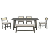 English Elm Trexm 6-Piece Retro Farmhouse Style Dining Set, Rectangular Table and 4 Upholstered Chairs With Rattan and Bench For Dining Room and Kitchen (Gray)