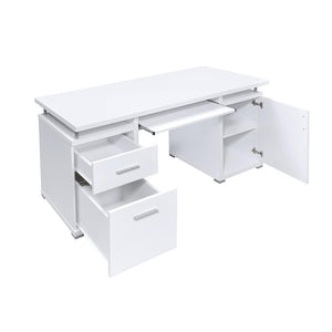 English Elm 55-inch White Computer Desk with Slide-Out Keyboard Tray, Adjustable Shelf, File & Drawer Storage, Silver Metal Accents B016P210454