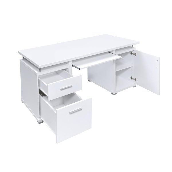 English Elm 55-inch White Computer Desk with Slide-Out Keyboard Tray, Adjustable Shelf, File & Drawer Storage, Silver Metal Accents B016P210454