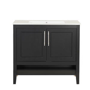 English Elm 36" Modern Black Bathroom Vanity with Ceramic Sink, Solid Wood & MDF, 2 Doors 2 Drawers Shelf WF319758AAB