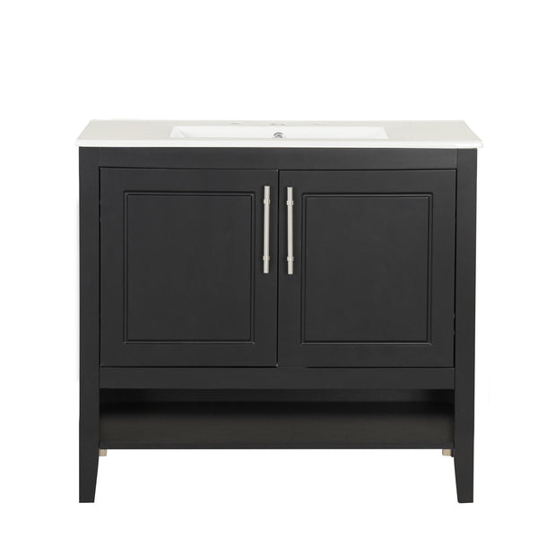 English Elm 36" Modern Black Bathroom Vanity with Ceramic Sink, Solid Wood & MDF, 2 Doors 2 Drawers Shelf WF319758AAB