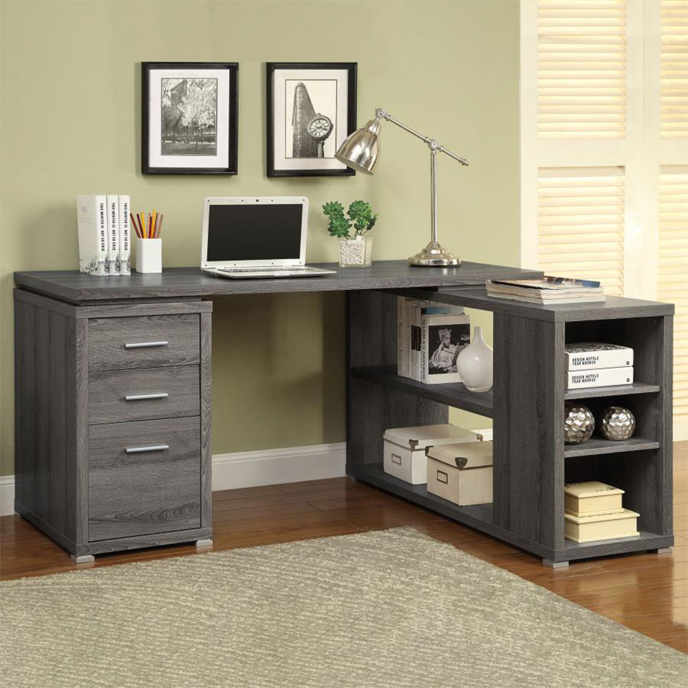 English Elm L-Shape Executive Workstation Desk With File Drawer, Open Shelves, Weathered Gray Finish, Durable Surface B016P163558