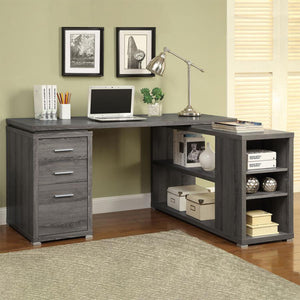 English Elm L-Shape Office Desk With Drawers and Shelves, Weathered Grey