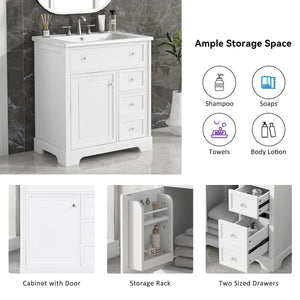 English Elm 30" Modern White Bathroom Vanity with Ceramic Sink, Solid Poplar & MDF, 1 Door 2 Drawers, 33.5" L N725P198484K