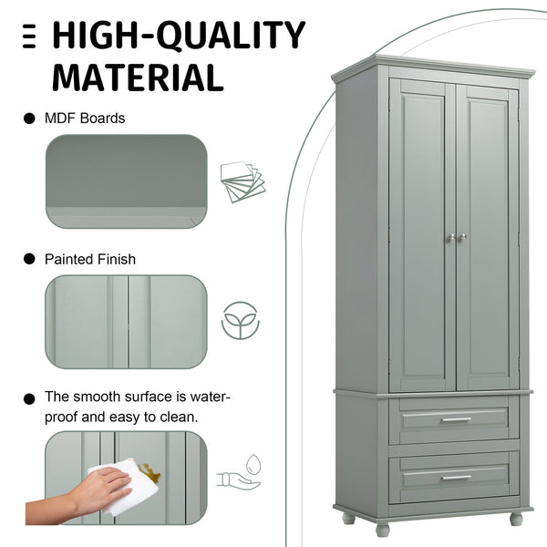 English Elm Tall Slim Storage Cabinet with Adjustable Shelves, 2 Drawers & Doors, Anti-Tip Design for Bathroom Grey WF299284AAE