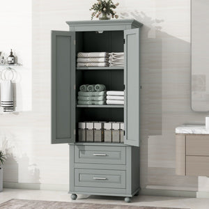 English Elm Tall Slim Storage Cabinet with Adjustable Shelves, 2 Drawers & Doors, Anti-Tip Design for Bathroom Grey WF299284AAE