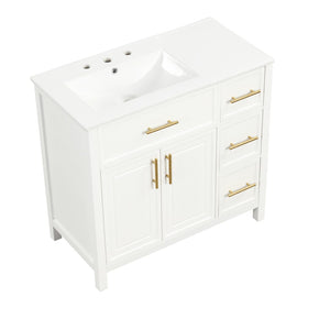 English Elm 36" Matte Freestanding Bathroom Vanity Solid Wood Cabinet Ceramic Sink Three Drawers White N725P364205K