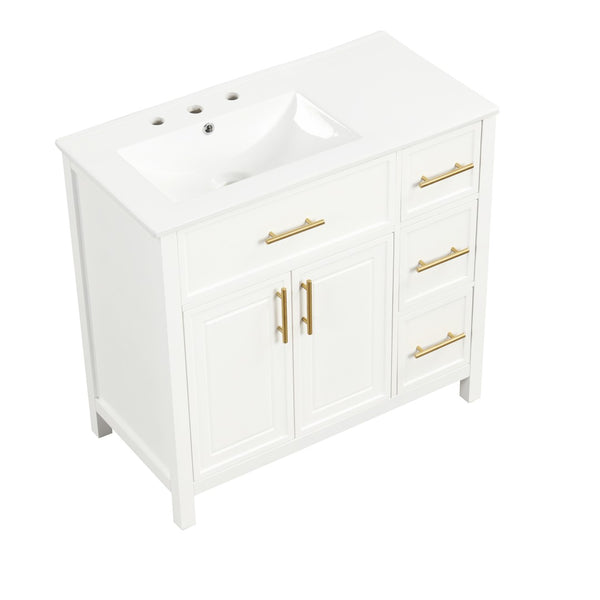 English Elm 36" Matte Freestanding Bathroom Vanity Solid Wood Cabinet Ceramic Sink Three Drawers White N725P364205K