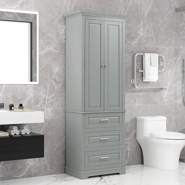 English Elm Tall Tall Storage Cabinet with Three Drawers and Doors for Bathroom or Office, Slim MDF Organizer Grey WF299282AAE