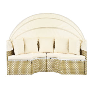 English Elm TOPMAX All-Weather Rattan Round Sectional Daybed with Retractable Canopy, Adjustable Table & Cushions Beige SP100023AAA