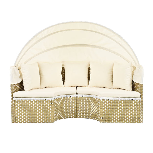 English Elm TOPMAX All-Weather Rattan Round Sectional Daybed with Retractable Canopy, Adjustable Table & Cushions Beige SP100023AAA