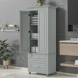 English Elm Tall Slim Storage Cabinet with Adjustable Shelves, 2 Drawers & Doors, Anti-Tip Design for Bathroom Grey WF299284AAE