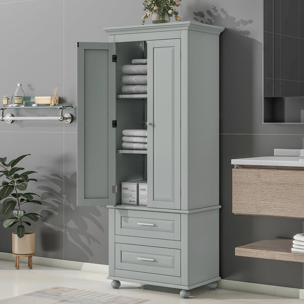 English Elm Tall Slim Storage Cabinet with Adjustable Shelves, 2 Drawers & Doors, Anti-Tip Design for Bathroom Grey WF299284AAE