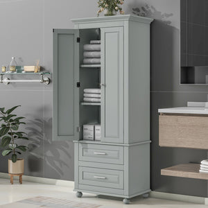 English Elm Tall Storage Cabinet With Two Drawers For Bathroom/Office, Grey