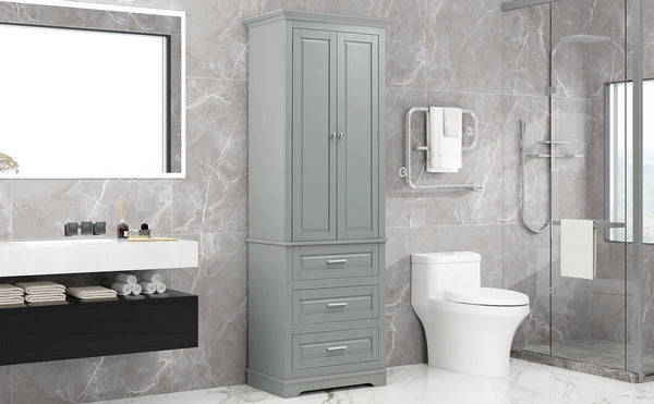 English Elm Tall Tall Storage Cabinet with Three Drawers and Doors for Bathroom or Office, Slim MDF Organizer Grey WF299282AAE