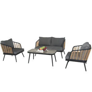 English Elm 4 Piece Patio Rattan Set with High-Rebound Cushions and Wood-Grain Tempered Glass Tabletop, Stylish Outdoor Conversation Sofa for Garden Balcony Poolside Black+Natural W2337S00003