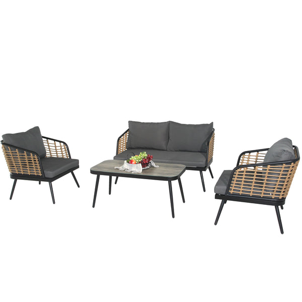 English Elm 4 Piece Patio Rattan Set with High-Rebound Cushions and Wood-Grain Tempered Glass Tabletop, Stylish Outdoor Conversation Sofa for Garden Balcony Poolside Black+Natural W2337S00003