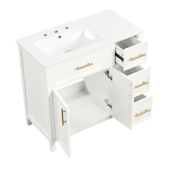 English Elm 36" Matte Freestanding Bathroom Vanity Solid Wood Cabinet Ceramic Sink Three Drawers White N725P364205K