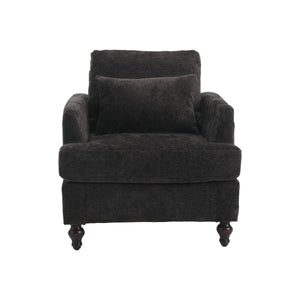 English Elm Wood Wood Frame Armchair with Black Chenille Upholstery, Tufted Mid-Century Lounge Chair, Cozy Reading Seat W395P151910