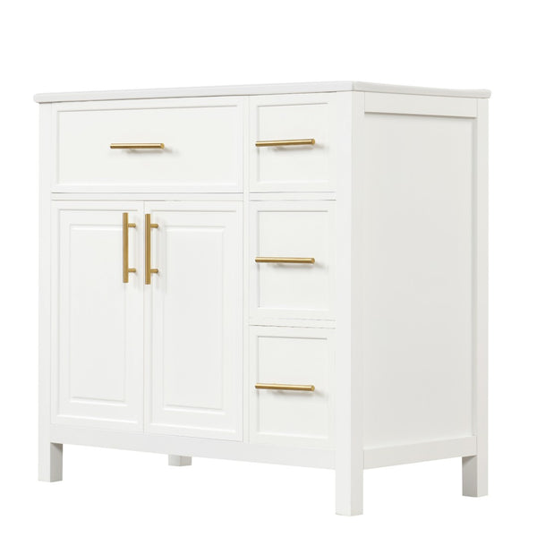 English Elm 36" Freestanding Bathroom Vanity Rubberwood Mdf Ceramic Sink Three Drawers White N725P198316K