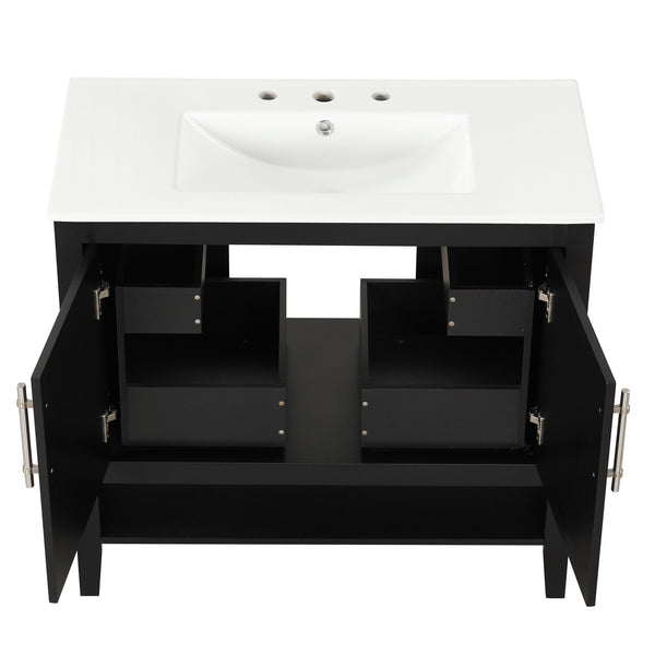 English Elm 36" Modern Black Bathroom Vanity with Ceramic Sink, Solid Wood & MDF, 2 Doors 2 Drawers Shelf WF319758AAB