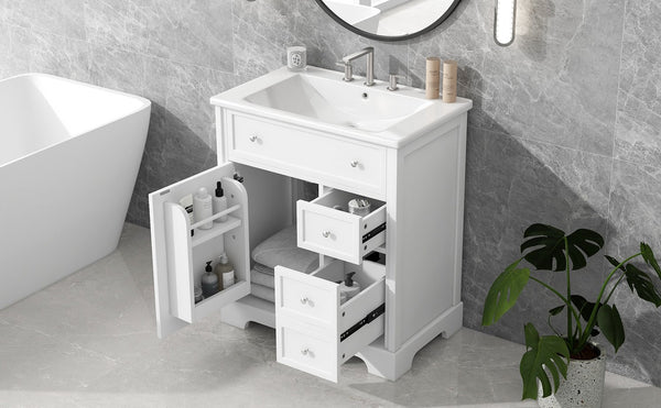 English Elm 30" Modern White Bathroom Vanity with Ceramic Sink, Solid Poplar & MDF, 1 Door 2 Drawers, 33.5" L N725P198484K