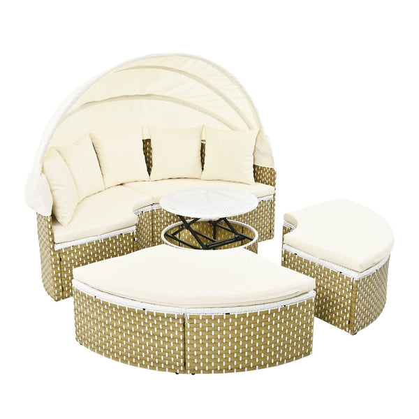 English Elm TOPMAX All-Weather Rattan Round Sectional Daybed with Retractable Canopy, Adjustable Table & Cushions Beige SP100023AAA