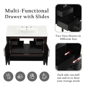 English Elm 36" Modern Black Bathroom Vanity with Ceramic Sink, Solid Wood & MDF, 2 Doors 2 Drawers Shelf WF319758AAB