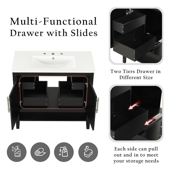 English Elm 36" Modern Black Bathroom Vanity with Ceramic Sink, Solid Wood & MDF, 2 Doors 2 Drawers Shelf WF319758AAB