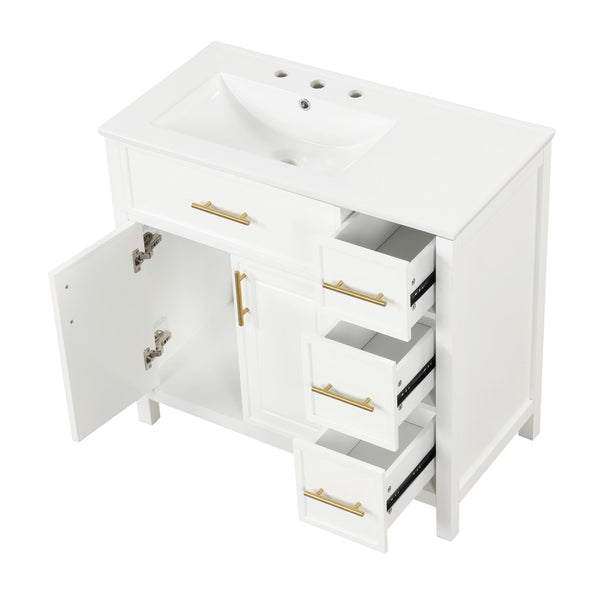 English Elm 36" Matte Freestanding Bathroom Vanity Solid Wood Cabinet Ceramic Sink Three Drawers White N725P364205K