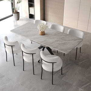 English Elm 62.4" Extendable Mdf Dining Table Set Seats 8 with Upholstered Curved Backrest Chairs Grey+White W2189S00944