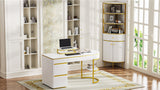 Hearth and Haven Modern 60'' Executive Desk and 74.8"Tall Corner Bookshelf Suite, Curved Computer Desk with Metal Legs, Fan-Shaped and Wooden Standing Bookcase with Drawer, Doors For Home Office, Living Room, Gold+White SR000090AAK