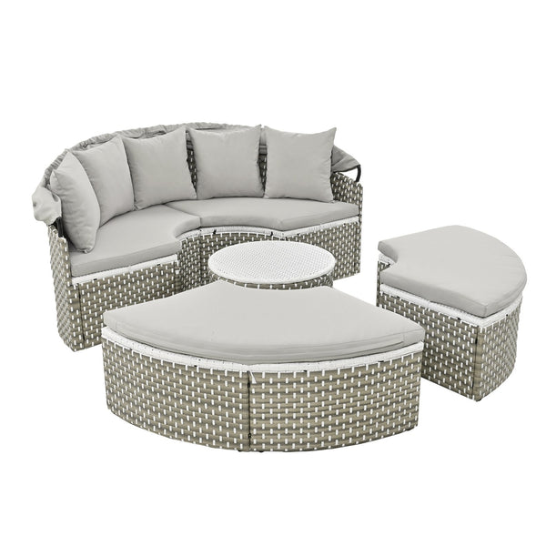English Elm TOPMAX All-Weather Rattan Round Sectional Daybed with Retractable Canopy, Adjustable Table & Cushions Gray SP100023AAE