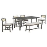 English Elm Trexm 6-Piece Retro Farmhouse Style Dining Set, Rectangular Table and 4 Upholstered Chairs With Rattan and Bench For Dining Room and Kitchen (Gray)