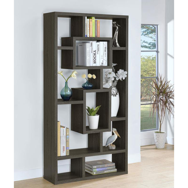 English Elm 10-Shelf Geometric Open Bookcase Weathered Grey — Backless Puzzle Profile, Modern Display Storage B016P163546