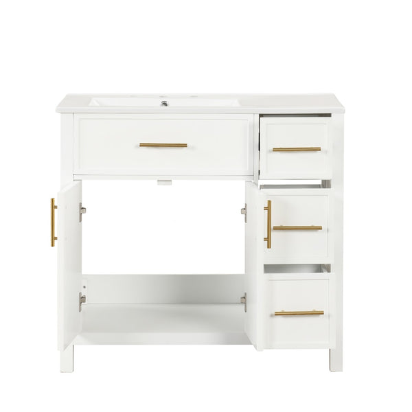 English Elm 36" Freestanding Bathroom Vanity Rubberwood Mdf Ceramic Sink Three Drawers White N725P198316K