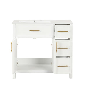 English Elm 36" Matte Freestanding Bathroom Vanity Solid Wood Cabinet Ceramic Sink Three Drawers White N725P364205K