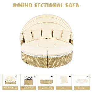 English Elm TOPMAX All-Weather Rattan Round Sectional Daybed with Retractable Canopy, Adjustable Table & Cushions Beige SP100023AAA