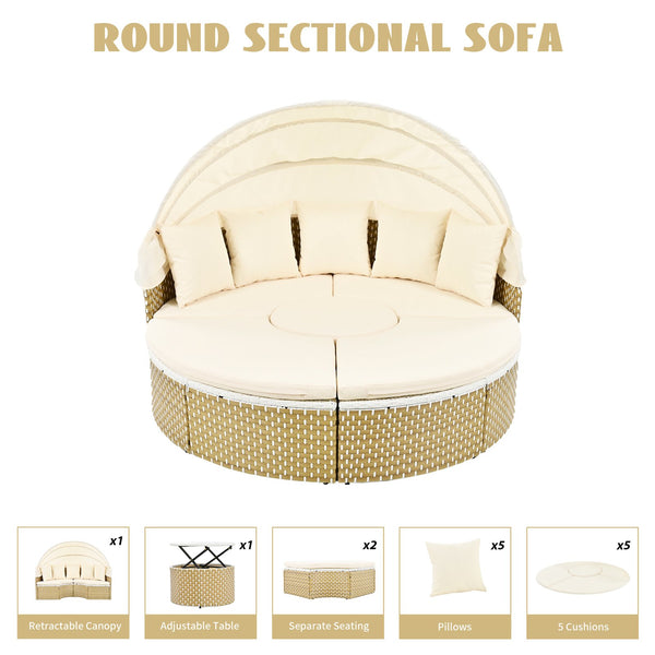 English Elm TOPMAX All-Weather Rattan Round Sectional Daybed with Retractable Canopy, Adjustable Table & Cushions Beige SP100023AAA