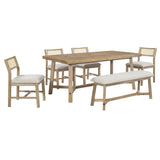 English Elm Trexm 6-Piece Retro Farmhouse Style Dining Set, Rectangular Table and 4 Upholstered Chairs With Rattan and Bench For Dining Room and Kitchen (Natural Wood Wash)