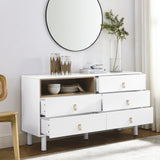 Hearth and Haven Hike Dresser with Open Storage, 5 Drawers and Leather Handles, White W1781P148614