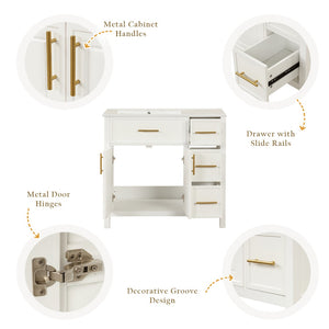 English Elm 36" Freestanding Bathroom Vanity Rubberwood Mdf Ceramic Sink Three Drawers White N725P198316K
