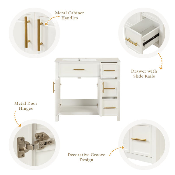 English Elm 36" Freestanding Bathroom Vanity Rubberwood Mdf Ceramic Sink Three Drawers White N725P198316K
