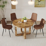 English Elm A Modern and Practical Circular Dining Table. Made Of Mdf Tabletop and Wooden Mdf Table Legs.A Set Of 4 Brown Cushioned Chairs In A Modern Medieval Style Restaurant. Ct-403 B0502A