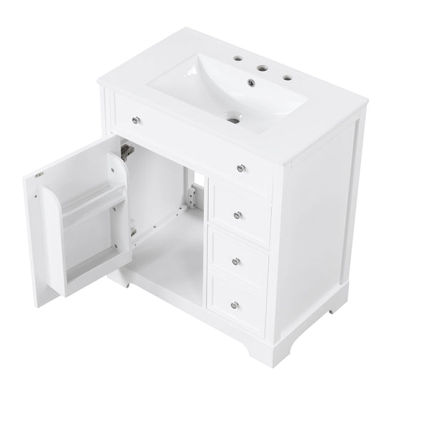 English Elm 30" Modern White Bathroom Vanity with Ceramic Sink, Solid Poplar & MDF, 1 Door 2 Drawers, 33.5" L N725P198484K