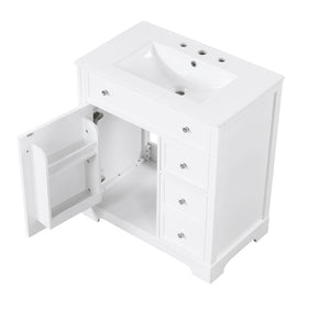English Elm 30" White Bathroom Vanity Solid Wood Mdf Cabinet Two Drawers with Ceramic Sink Top N725P369592K